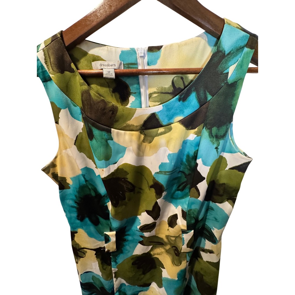 Dressbarn Womens 12 Floral Sheath Dress Turquoise Green Watercolor 0375616